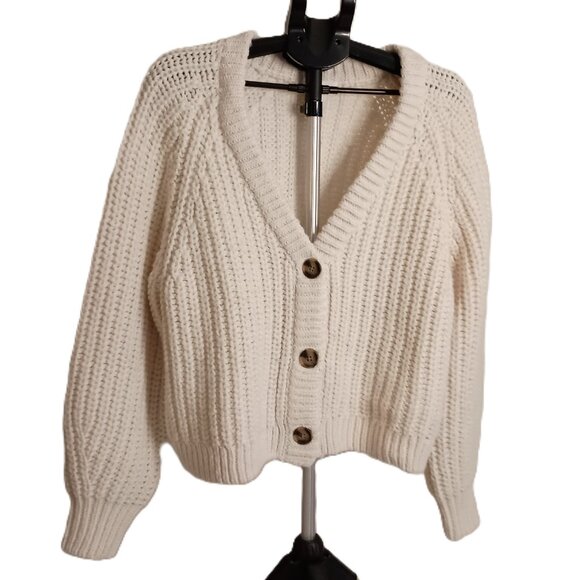 H&M Cream Chunky Knit Cropped Cardigan Sweater Women’s L Cozy Cottagecore - Picture 1 of 16